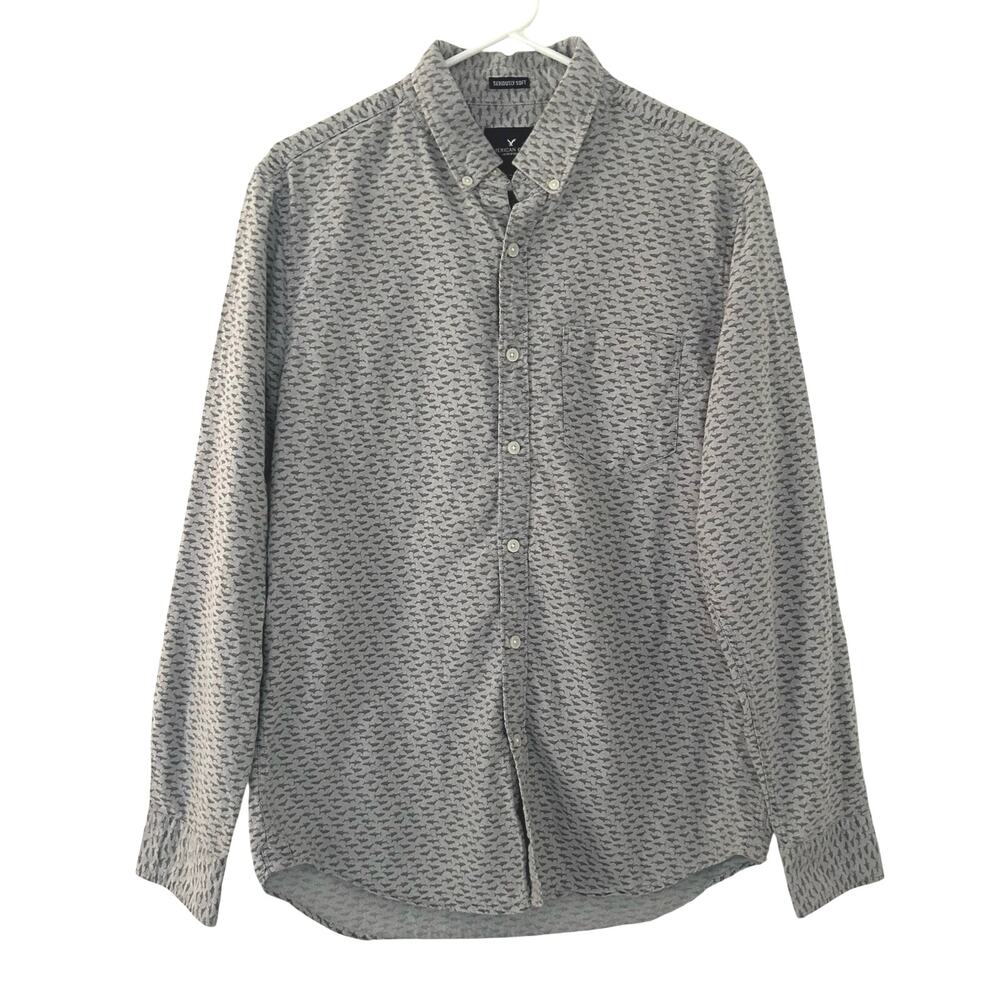 American Eagle Men's Gray Shark Long Sleeve Button Down Cotton Shirt M Medium